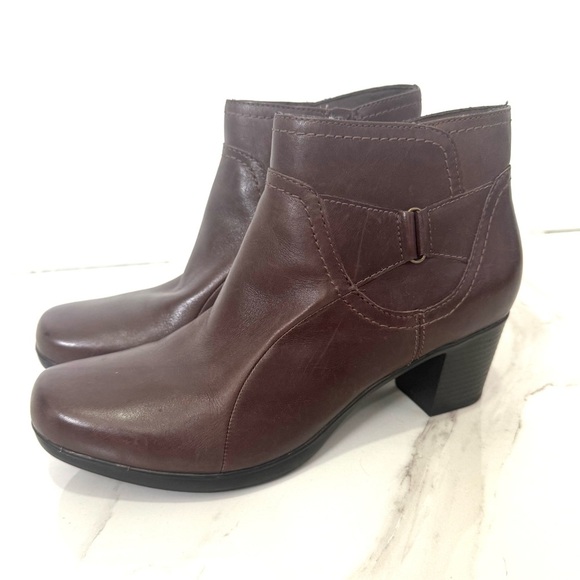 Clarks Scheme Pearl Block Heel Side Zip upper Brown Leather Ankle Boots 11 - Picture 1 of 7